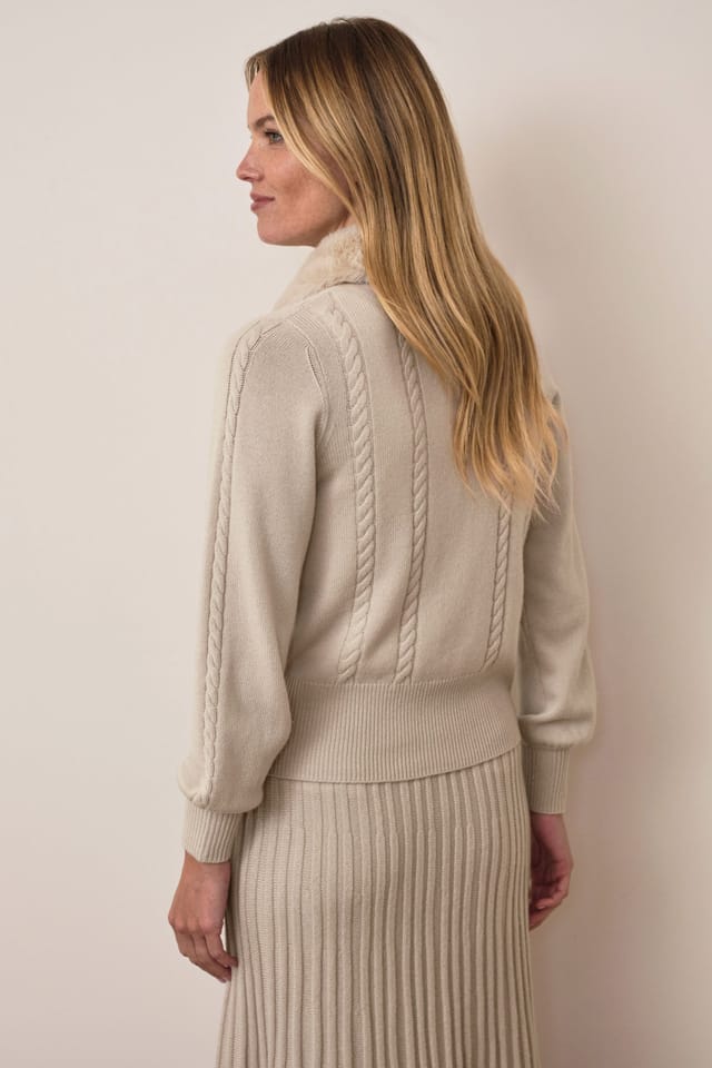 Pure Collection Pure Collection Women's Wool Cashmere Fur Trim Cable Cardigan in Beige - 3