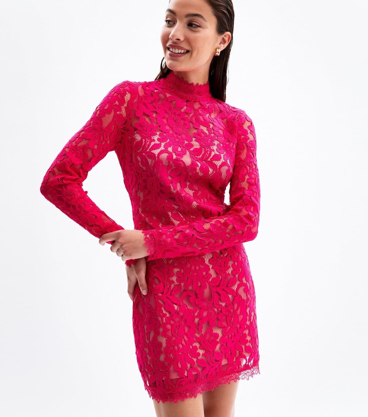 New Look Women's Pink Lace High Neck Long Sleeve Mini Dress New Look