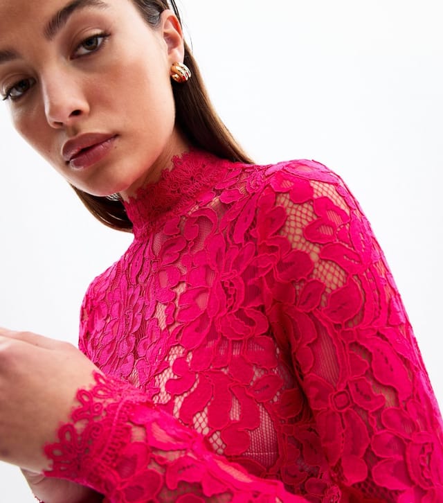 New Look Women's Pink Lace High Neck Long Sleeve Mini Dress New Look - 2