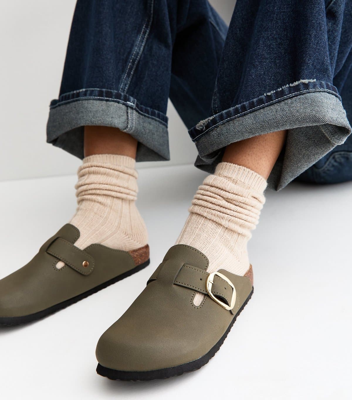 New Look Women's Light Khaki Faux Brushed Leather Clogs Vegan New Look