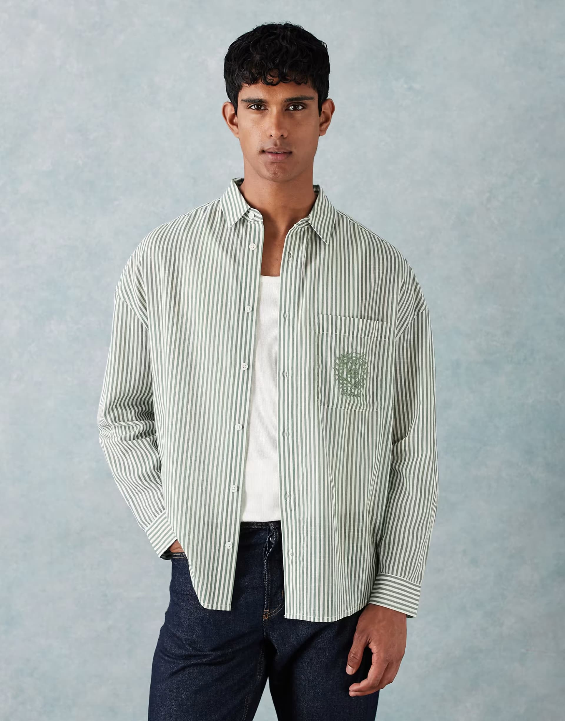 ASOS ASOS DESIGN oversized stripe shirt with chest embroidery in green