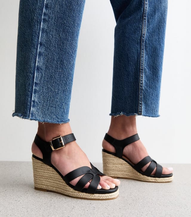 New Look Women's Wide Fit Black Multi Strap Faux Leather Wedge Sandals Vegan New Look - 2