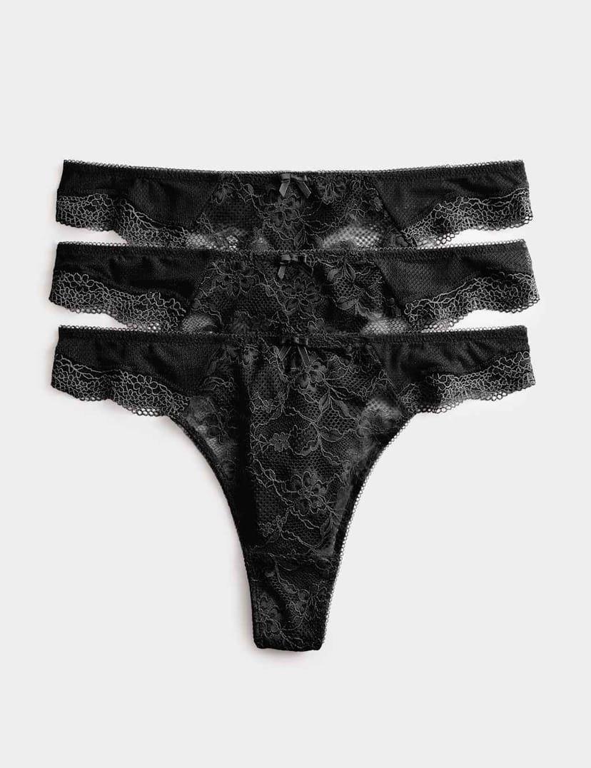 Marks & Spencer M&S 3pk Jasmine Lace Thongs Black - 1
