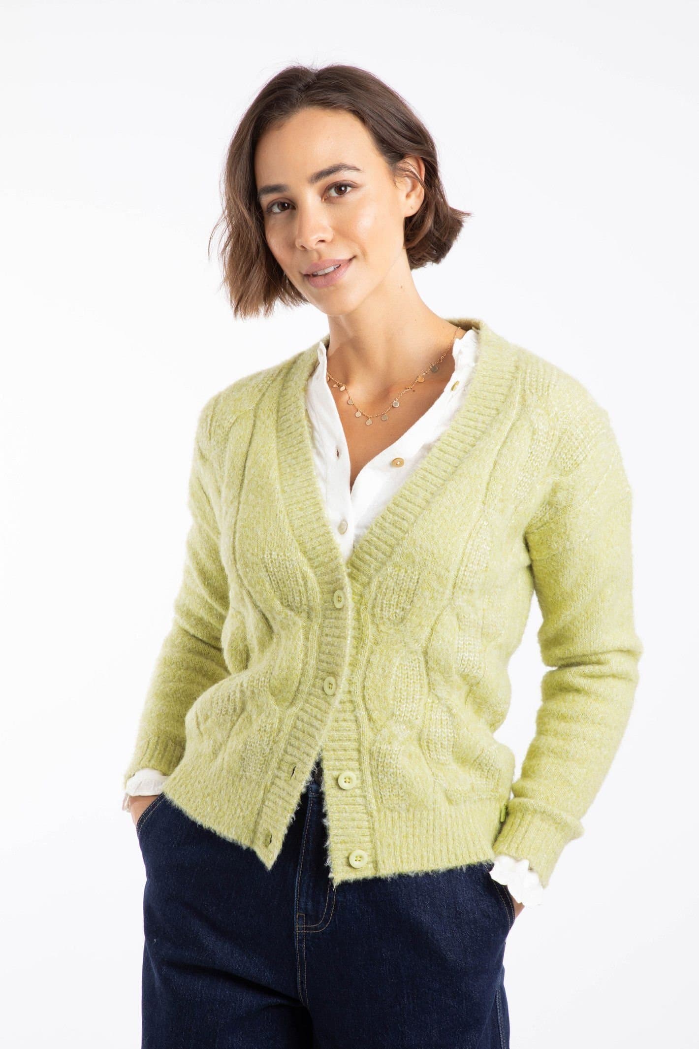 Weird Fish Weird Fish Women's Rhona Super Soft Cable Knit Cardigan in Light Green