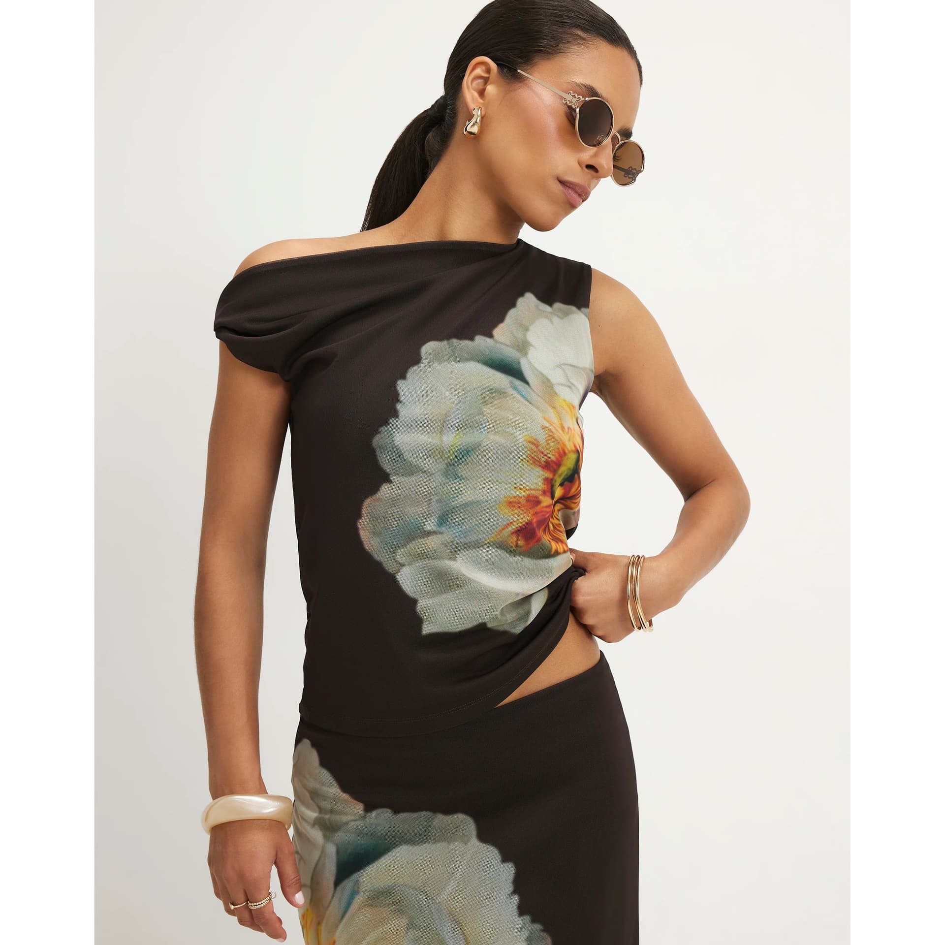 River Island River Island Womens Petite Brown Mesh Floral Print Maxi Skirt