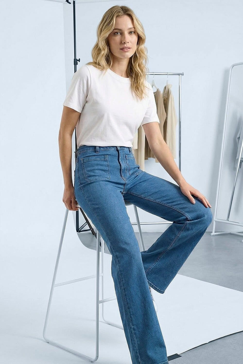 Dusk Dusk Women's Front Pocket Bootcut Jeans in Mid Blue - 1
