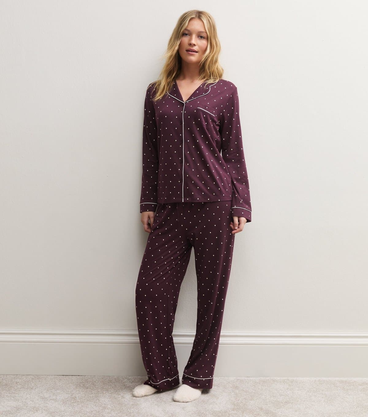 New Look Women's Burgundy Jersey Polka Dot Shirt and Trousers Pyjama Set New Look