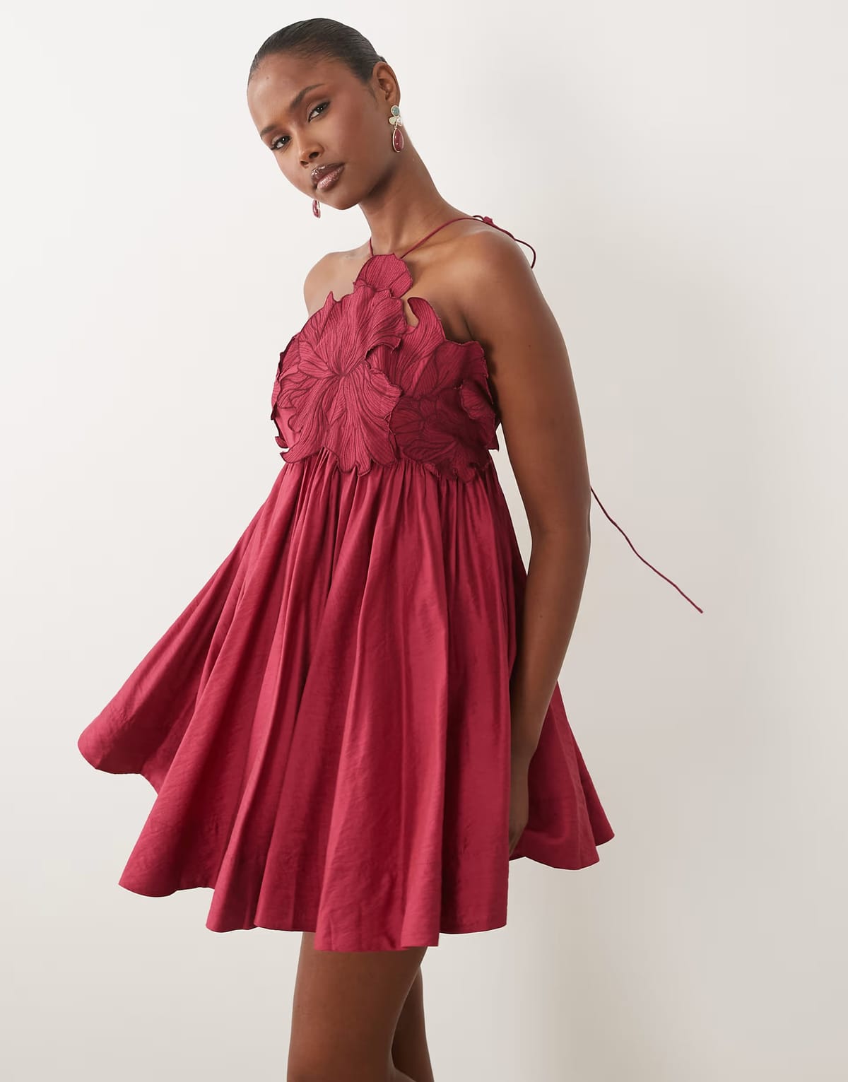 ASOS ASOS DESIGN trapeze halter mini dress with embroidered bodice in berry - 1
