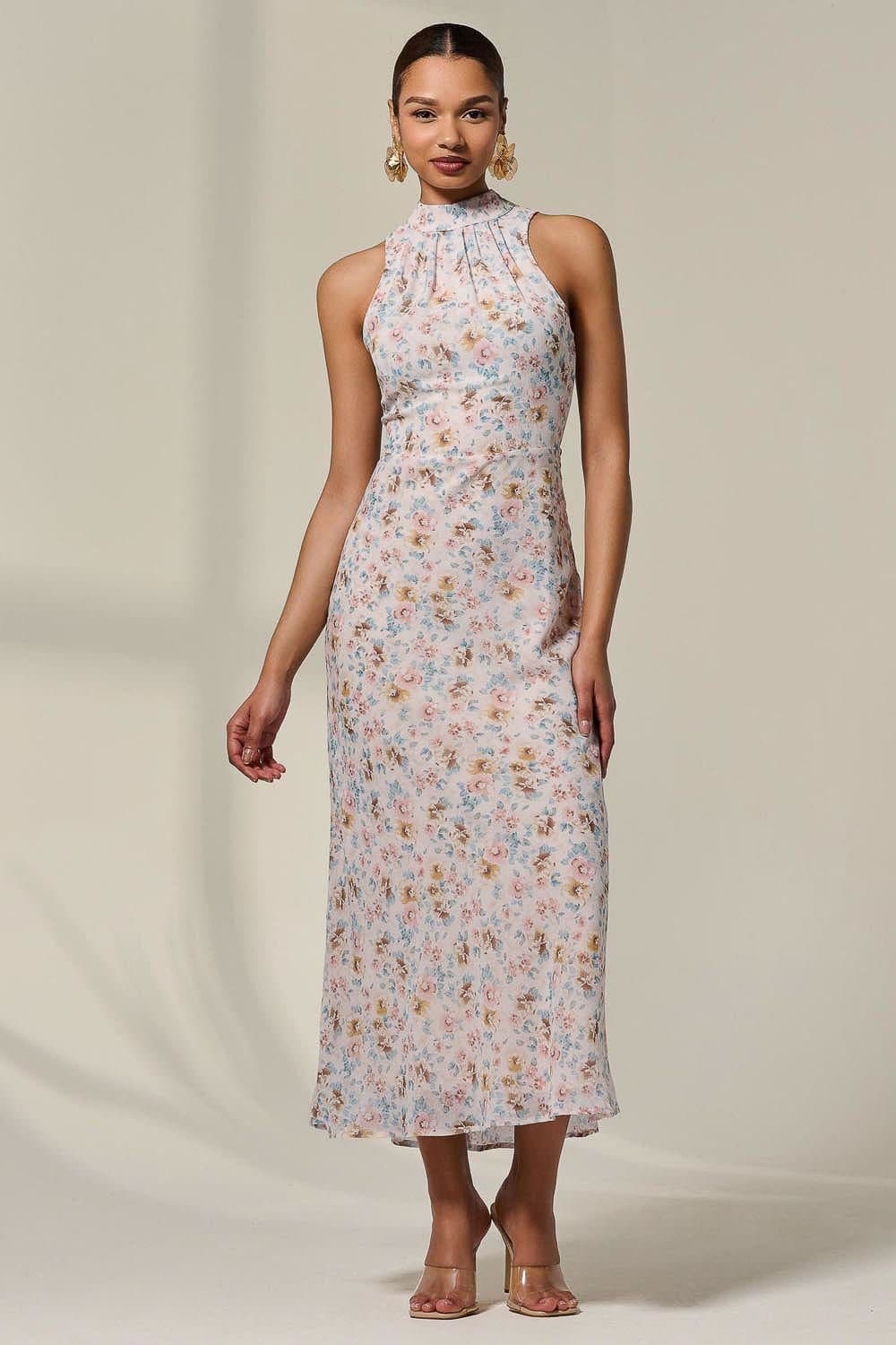 Jolie Moi Jolie Moi Women's Sleeveless Chiffon Halterneck Midaxi Dre in Light Beige