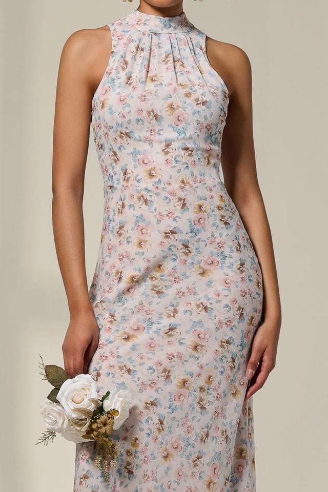 Jolie Moi Jolie Moi Women's Sleeveless Chiffon Halterneck Midaxi Dre in Light Beige - 3