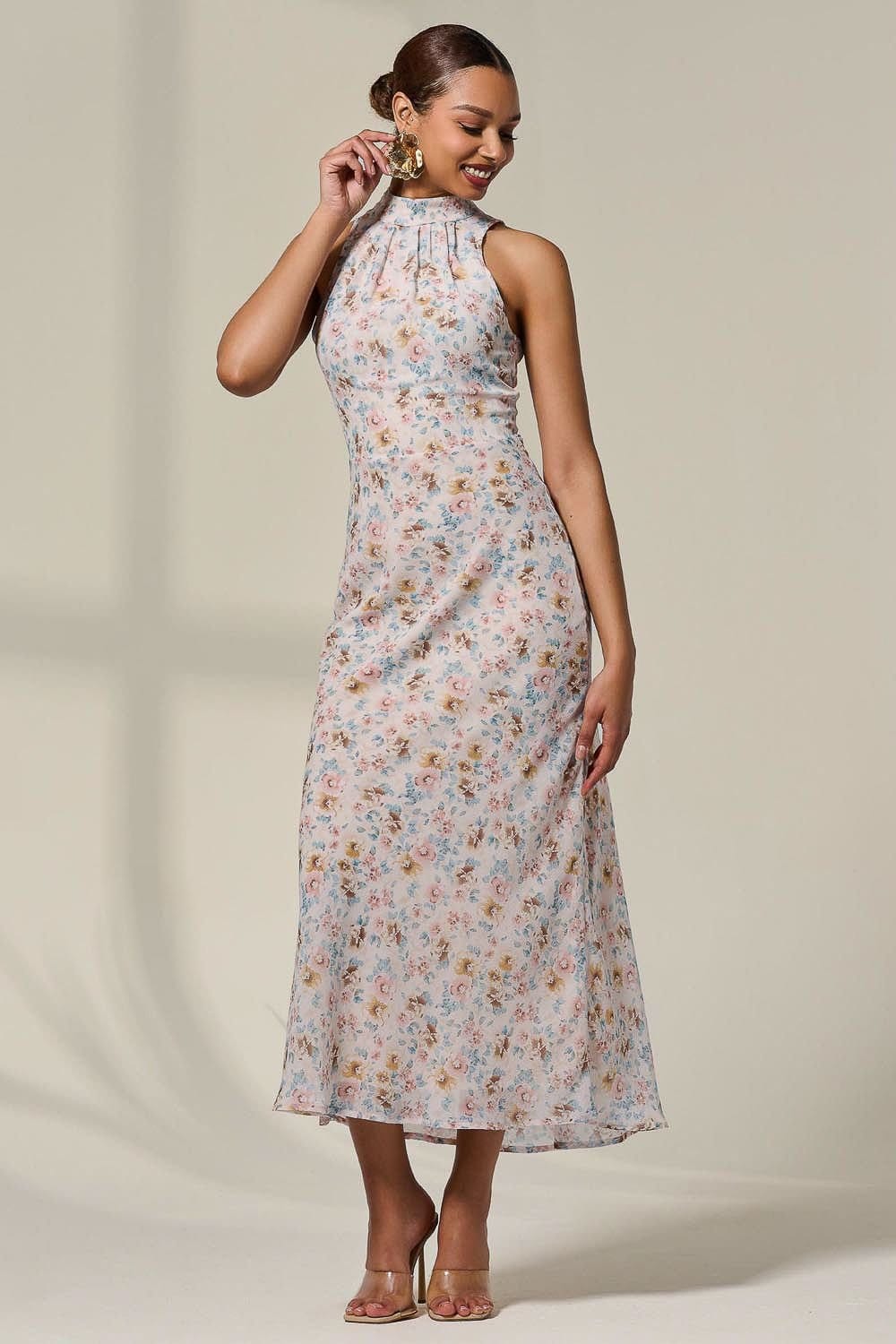 Jolie Moi Jolie Moi Women's Sleeveless Chiffon Halterneck Midaxi Dre in Light Beige - 4