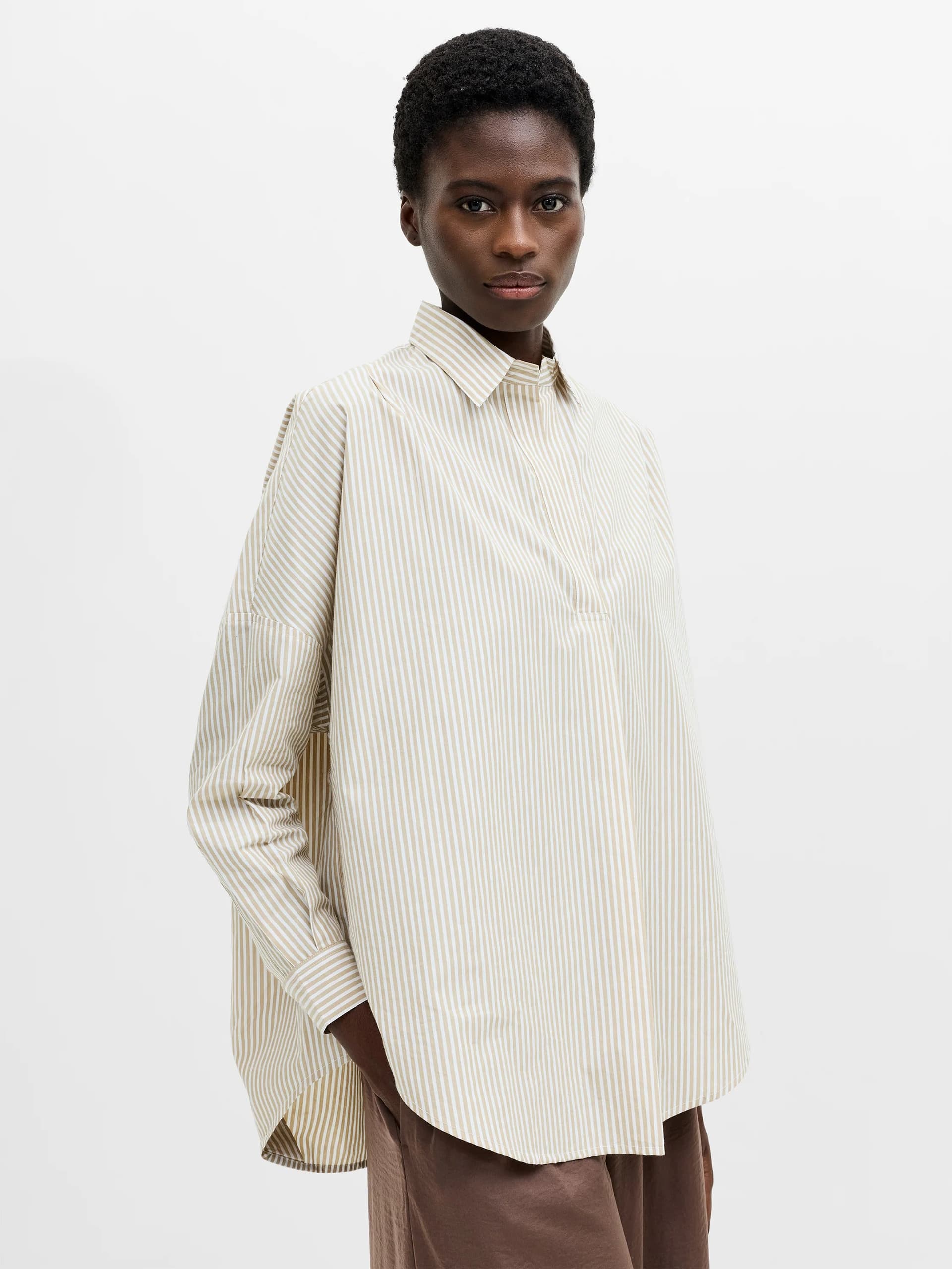 French Connection French Connection Beige Striped Poplin Long Sleeve Shirt