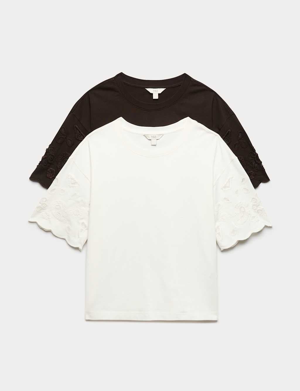 Marks & Spencer M&S 2 Pack Pure Cotton Broderie Tops Brown Mix