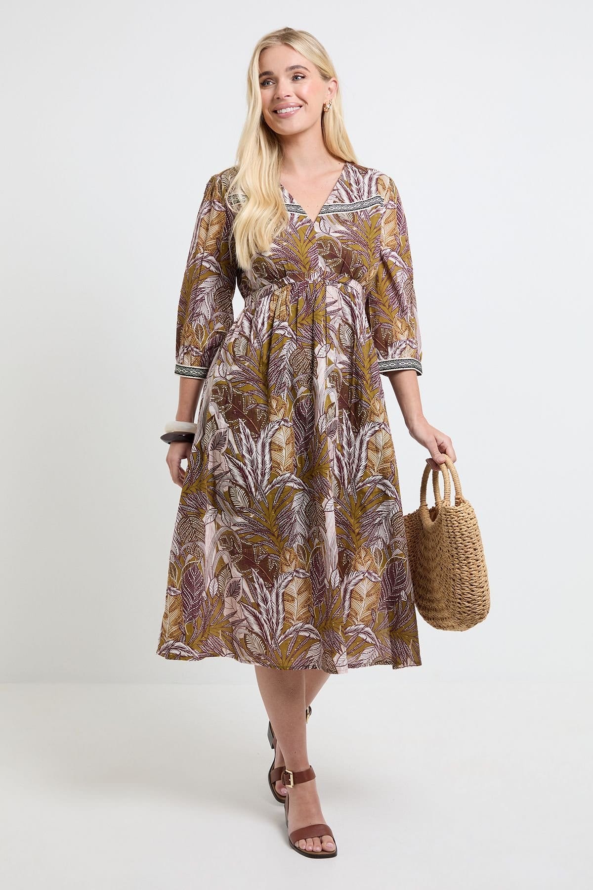 Wallis Petite Brown Tropical Leaf Print Cotton Midi Dress