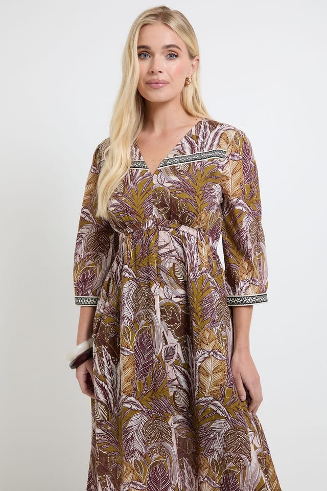 Wallis Wallis Women's Petite Summer Cotton Tropical Midi Dress in Brown - 2