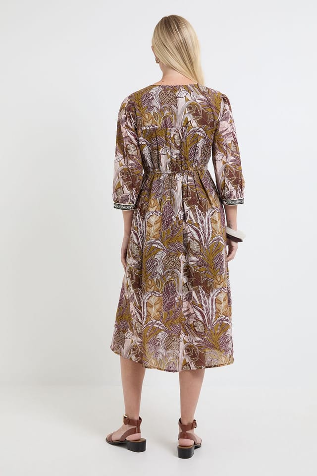 Wallis Wallis Women's Petite Summer Cotton Tropical Midi Dress in Brown - 3
