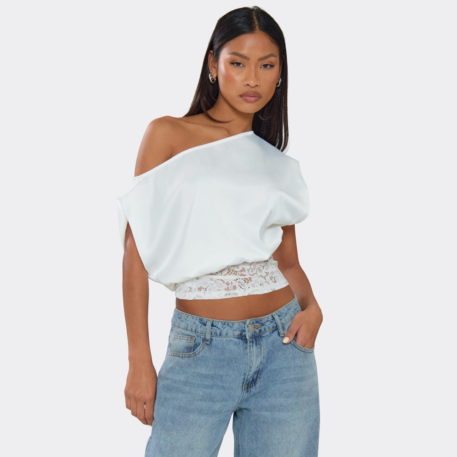 EGO White Satin Off-Shoulder Lace Hem Top