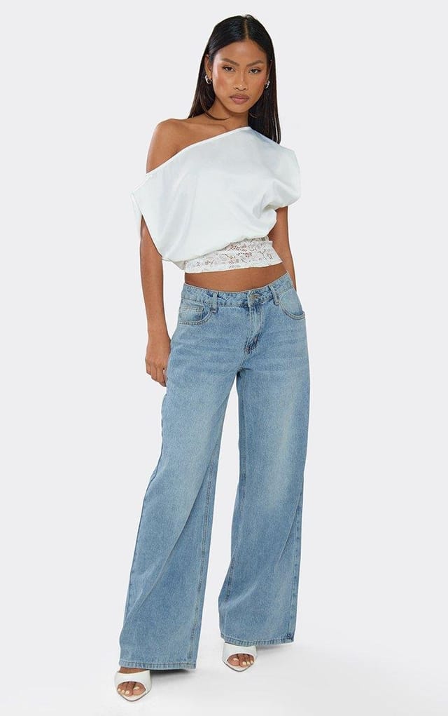 EGO Off The Shoulder Lace Hem Detail Top In White Satin, Women's Size UK 6 - 2