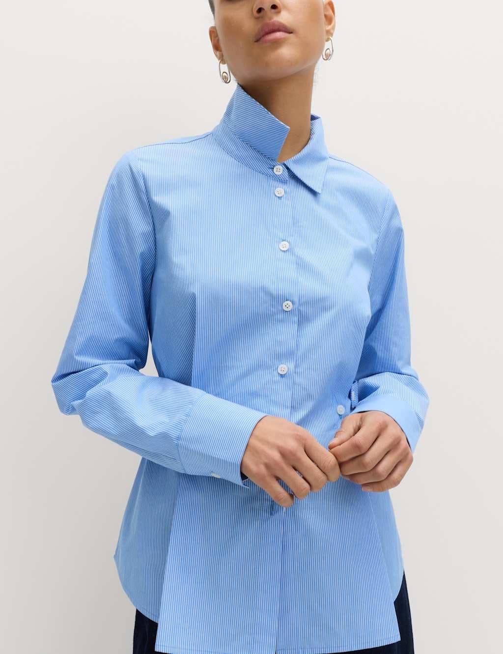 Marks & Spencer M&S Collared Long Sleeve Button Detail Shirt in Blue Mix