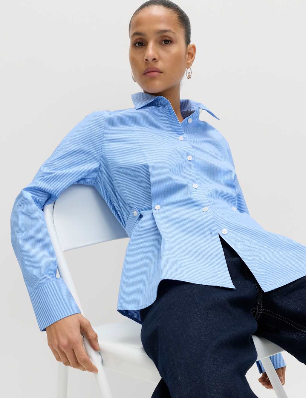 Marks & Spencer M&S Pure Cotton Striped Button Detail Shirt Blue Mix - 3