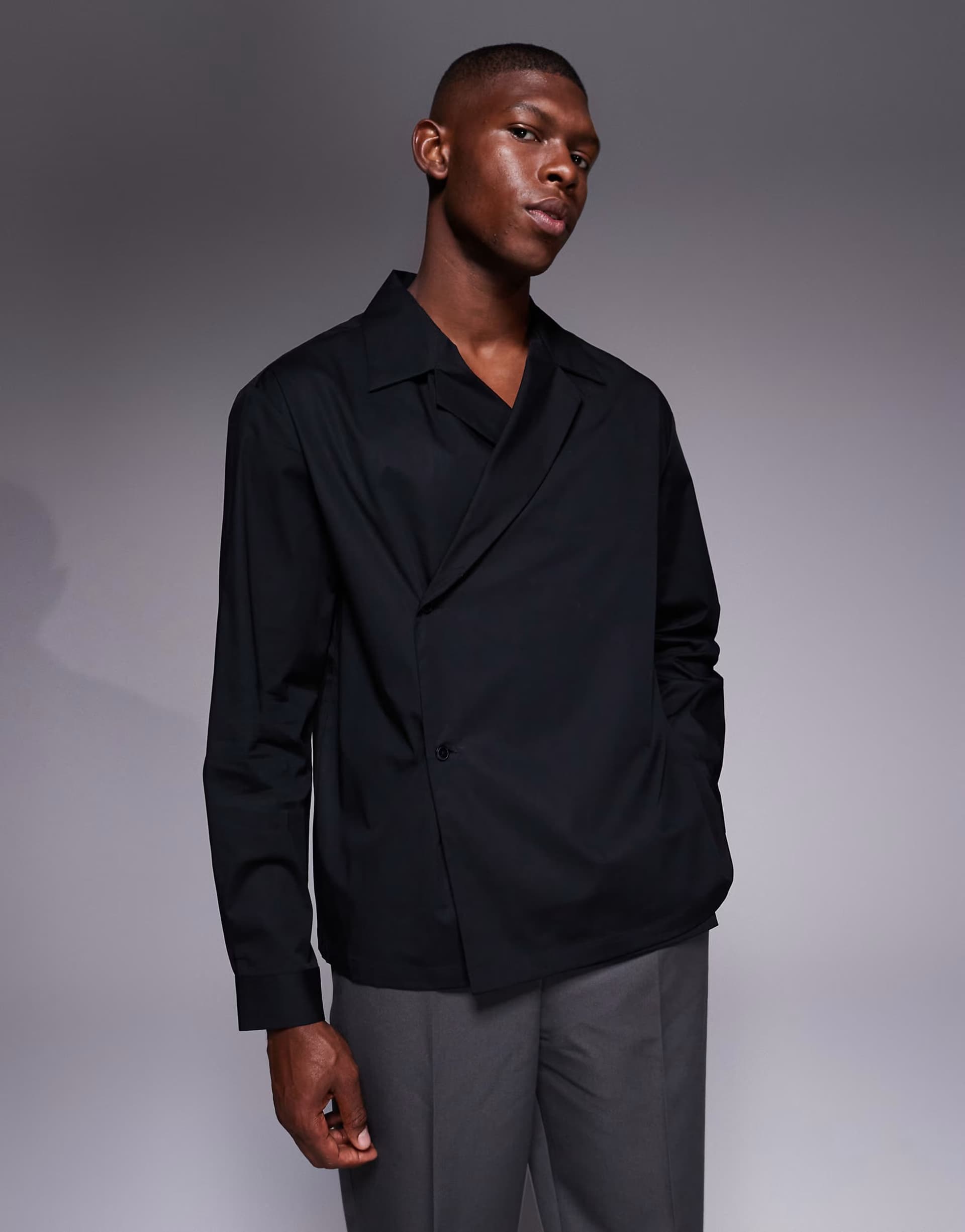 ASOS ASOS DESIGN relaxed revere cross over shirt in black