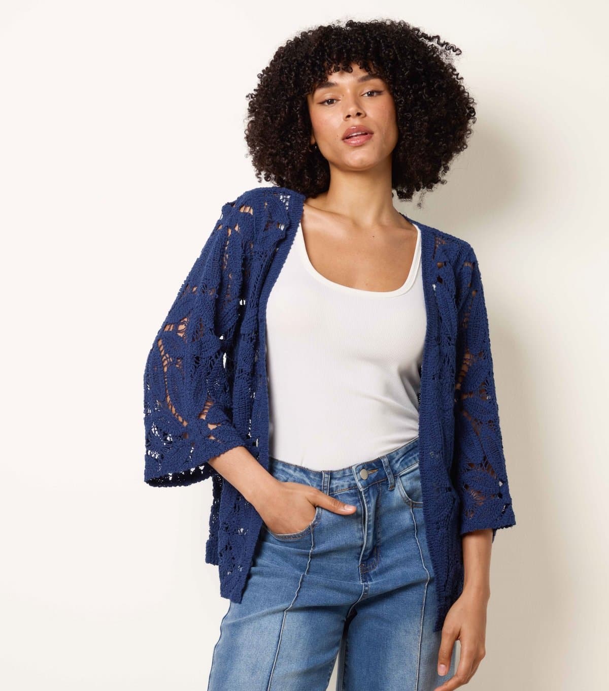 Blue Vanilla Women's Navy Crochet Cropped Sleeve Jacket Blue Vanilla New Look