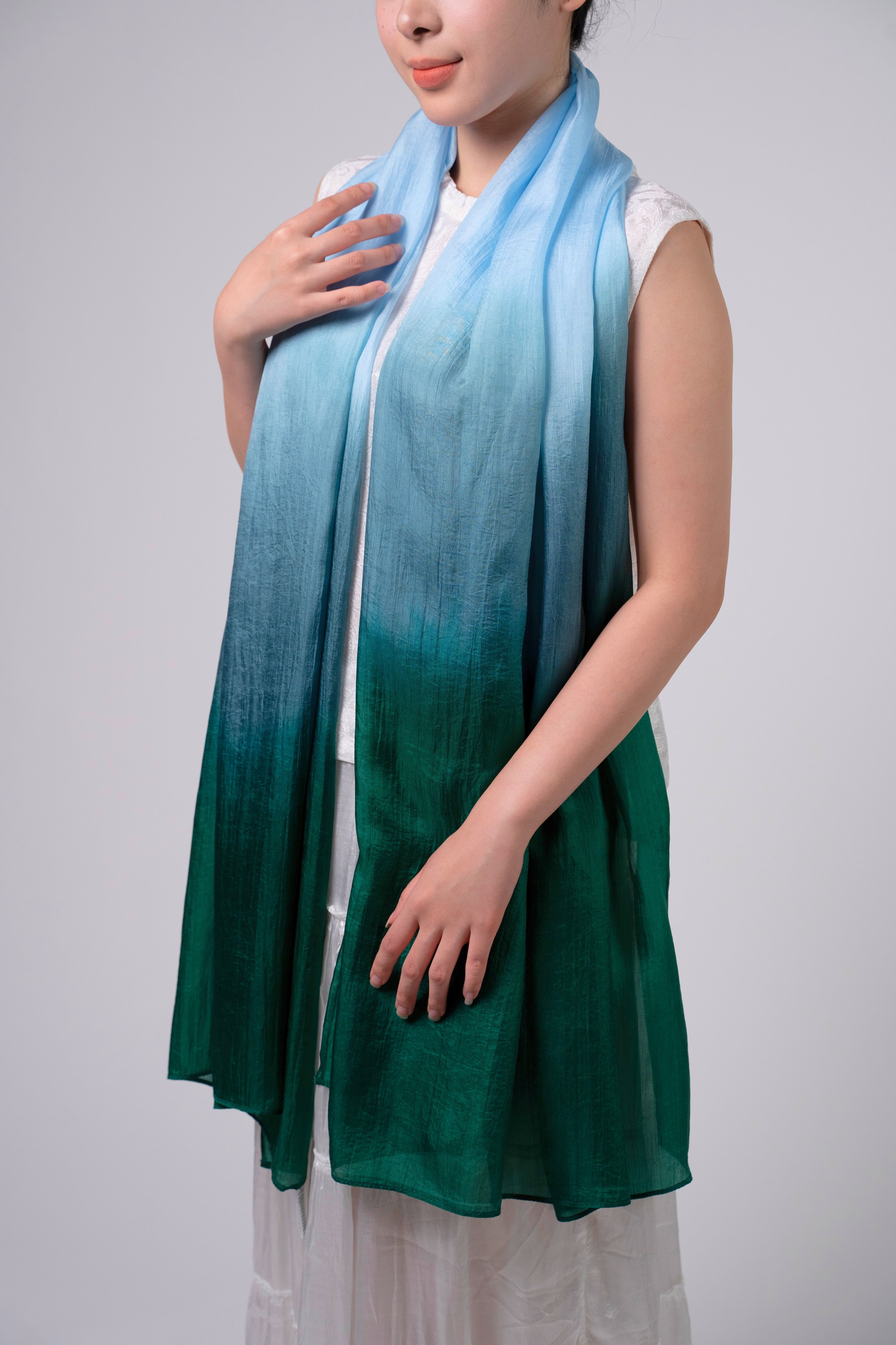 Silk and Bears Silk and Bears Women's Hand-Dyed Mulberry Silk Scarf - Emerald to Sky Blue Ombre - 2