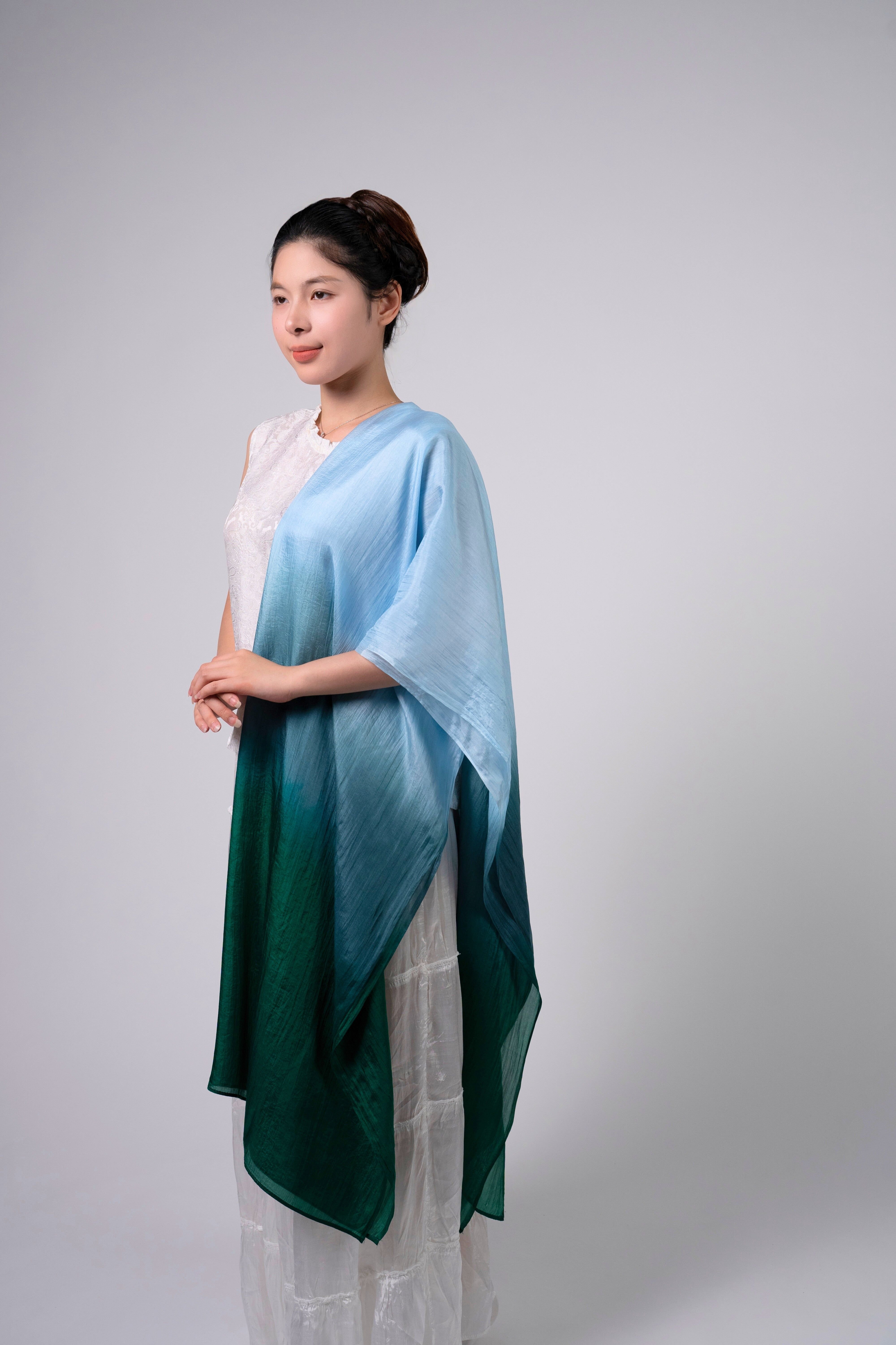 Silk and Bears Silk and Bears Women's Hand-Dyed Mulberry Silk Scarf - Emerald to Sky Blue Ombre - 3