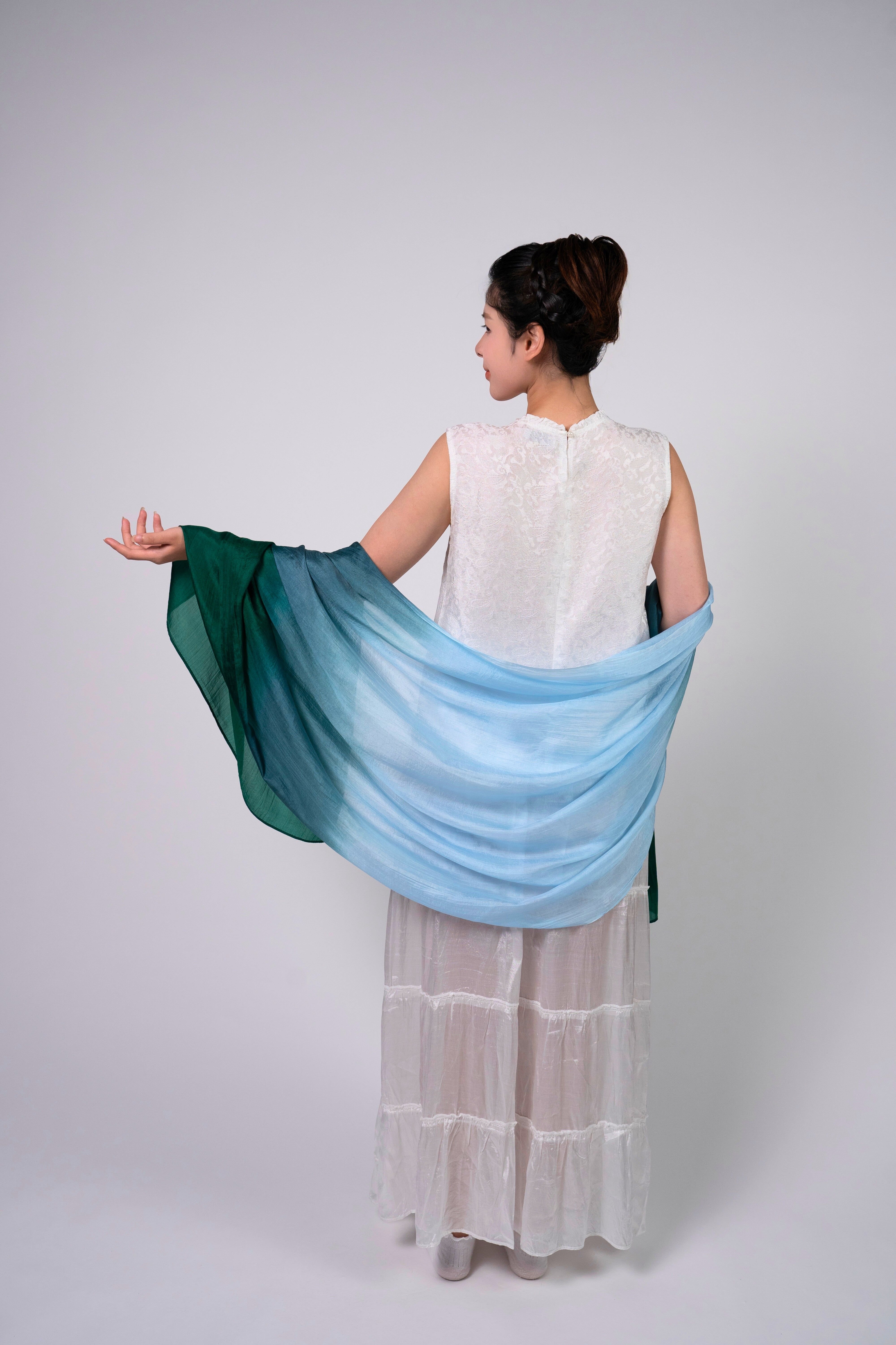 Silk and Bears Silk and Bears Women's Hand-Dyed Mulberry Silk Scarf - Emerald to Sky Blue Ombre - 4