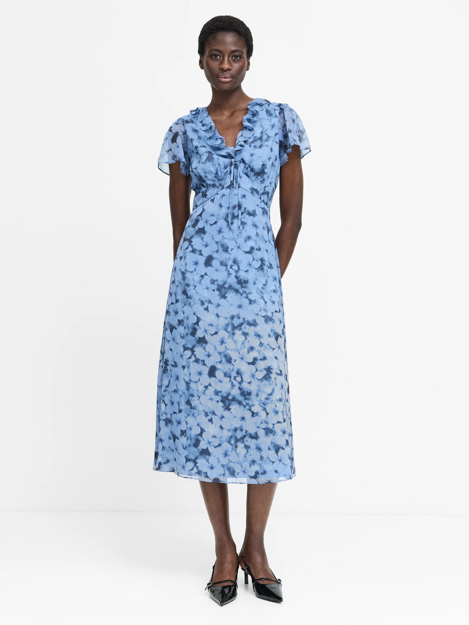 French Connection Anita Blue Floral Ruffle Crinkle Midi Dress Blue Multi Slate