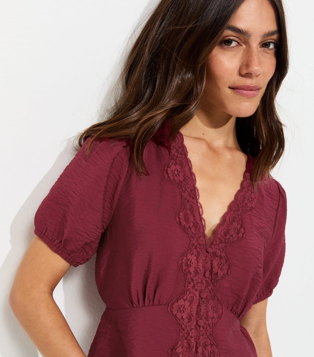 New Look Women's Petite Dark Burgundy Lace Trim Faux Button Tea Blouse New Look