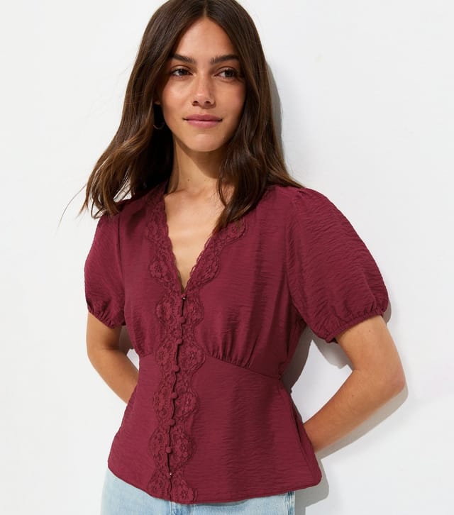 New Look Women's Petite Dark Burgundy Lace Trim Faux Button Tea Blouse New Look - 2