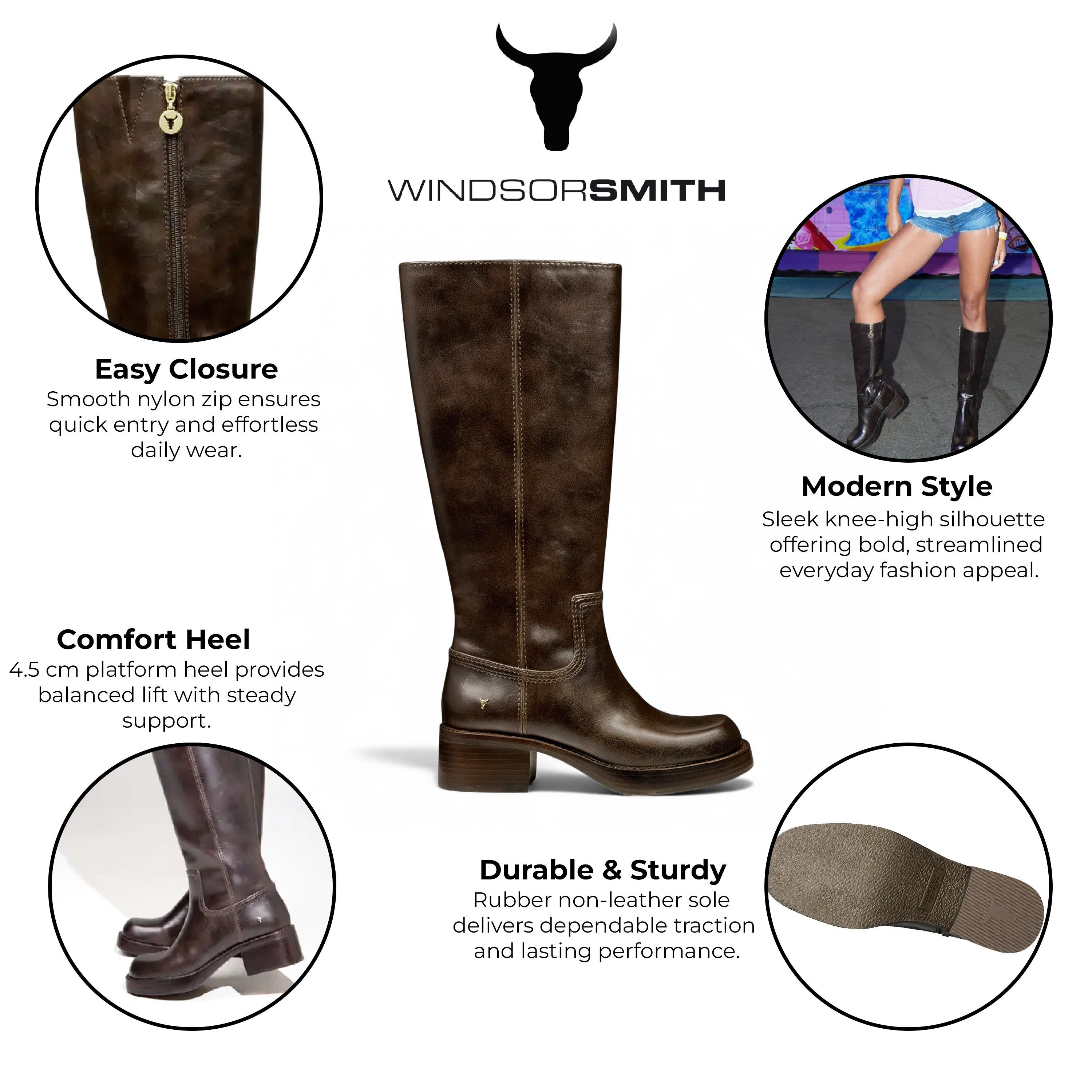 Windsor Smith Windsor Smith Women's Faux Leather Knee-High Western Riding Boots - Technique in Brown - 3