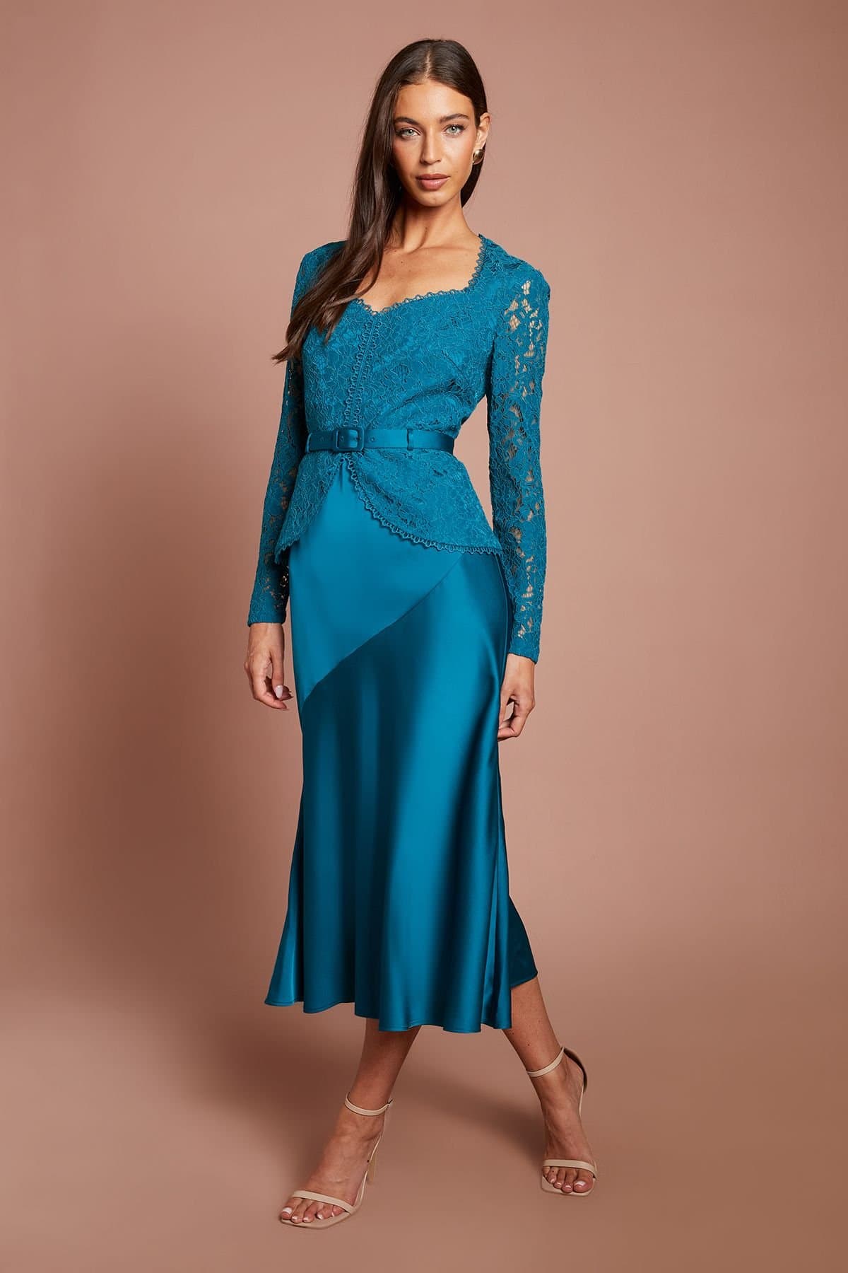 Coast Coast Women's Long Sleeve Lace Belted Satin Skirt Midi Dress in Teal