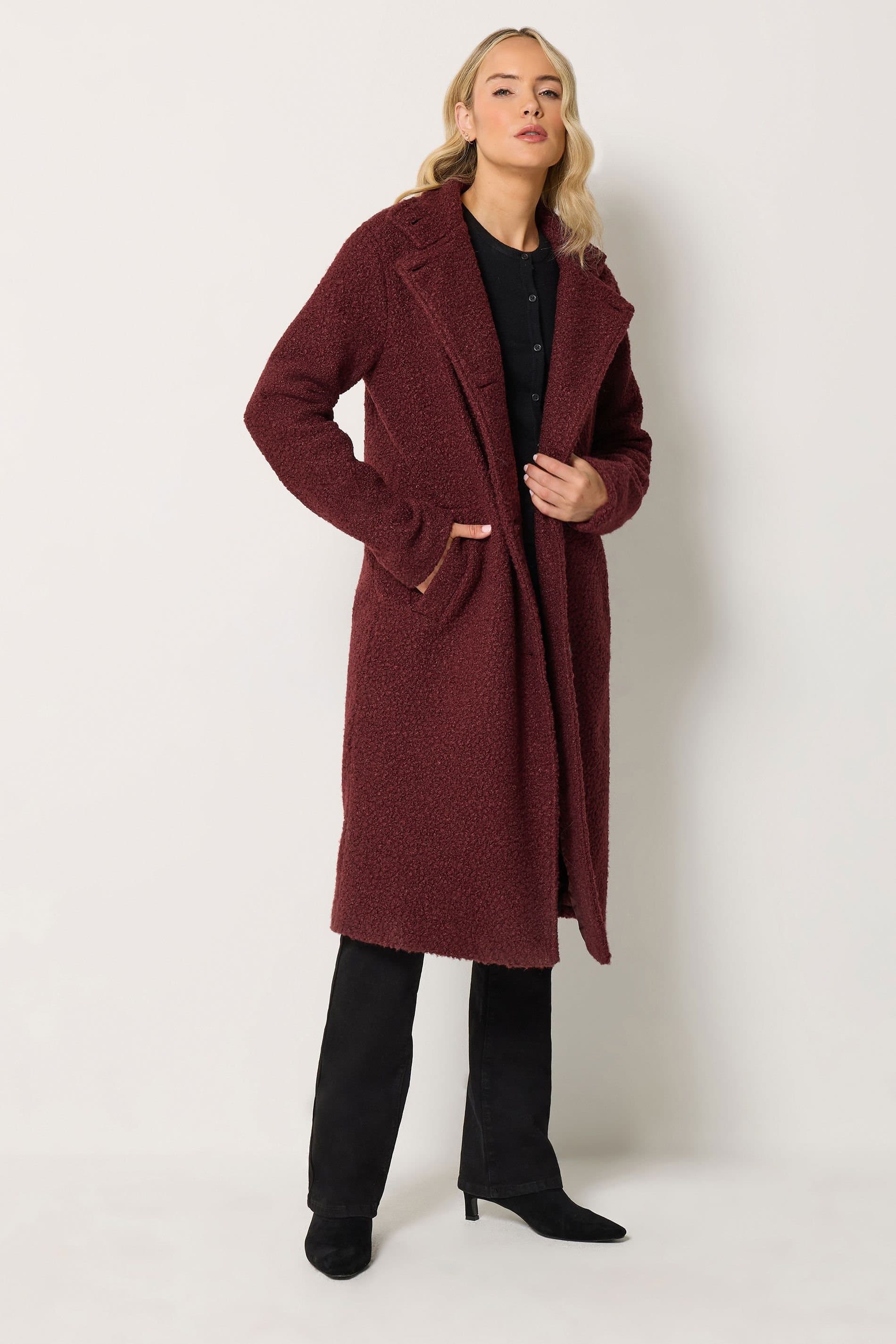 Long Tall Sally Long Tall Sally Women's Tall Boucle Funnel Neck Coat in Burgundy