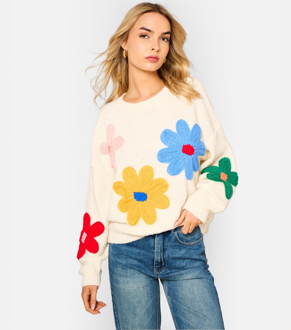 Gini London Women's Cream and Multi Colour Floral Knitted Jumper Gini London New Look