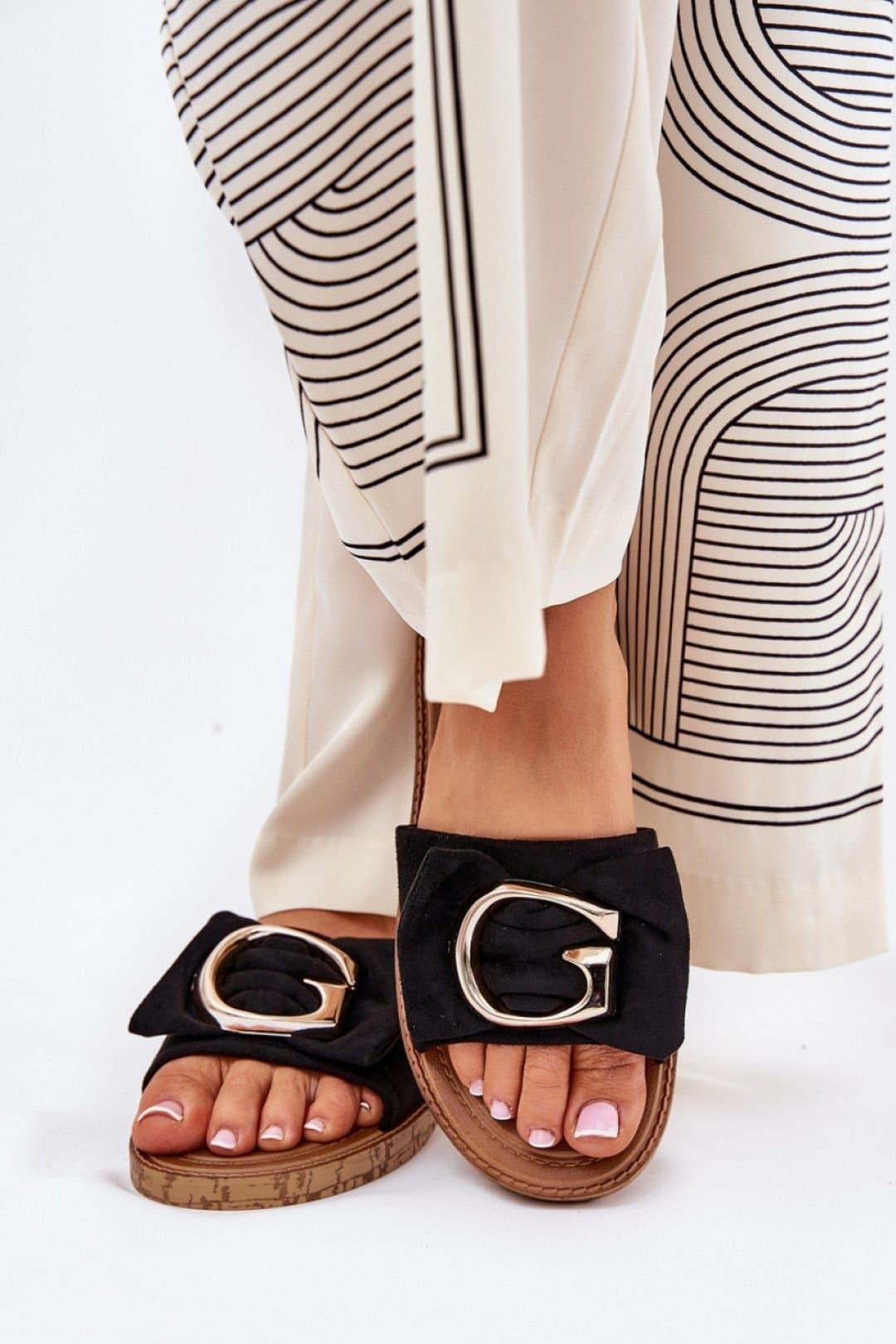 Love Lace Love Lace Women's Flat Suede Flip Flops with Gold Front Detail for Summer in Black