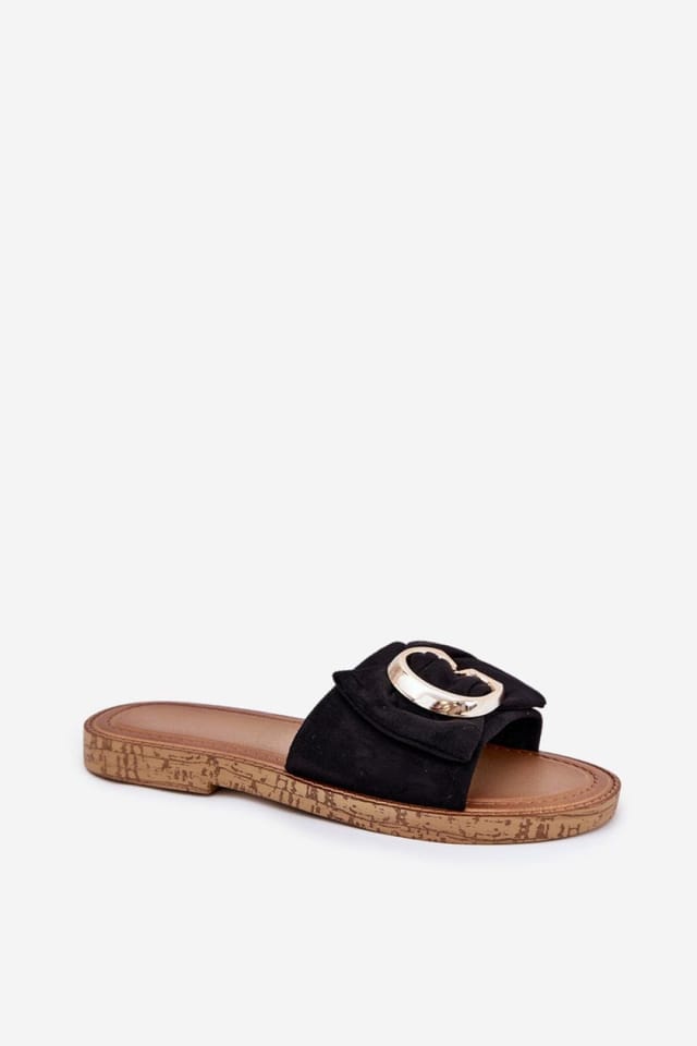 Love Lace Love Lace Women's Flat Suede Flip Flops with Gold Front Detail for Summer in Black - 2