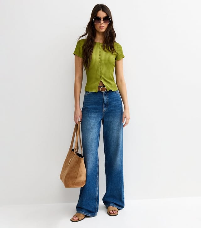 New Look Women's Light Khaki Ribbed Texture Button Front T-Shirt New Look - 2