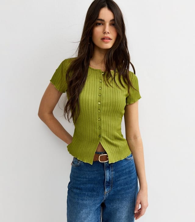 New Look Women's Light Khaki Ribbed Texture Button Front T-Shirt New Look - 3