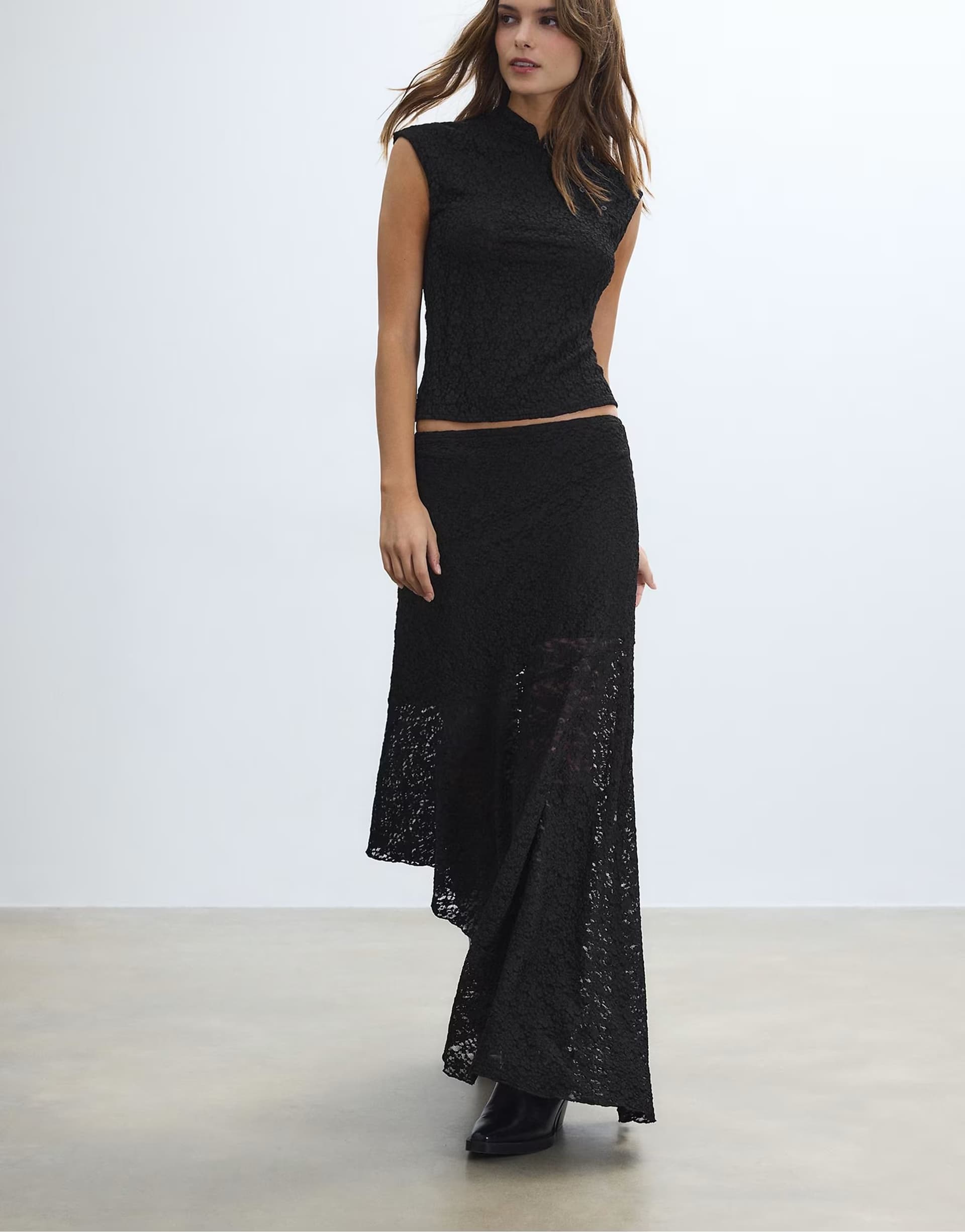 ASOS Stradivarius Asymmetric lace midi skirt in black