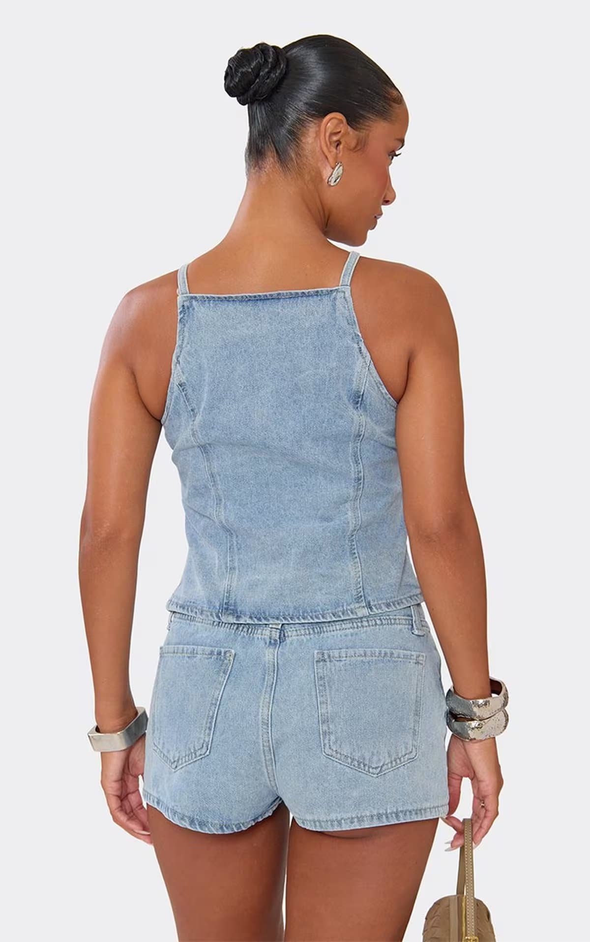 EGO Strappy Button Up Front Split Hem Top In Light Blue Denim, Women's Size UK 6