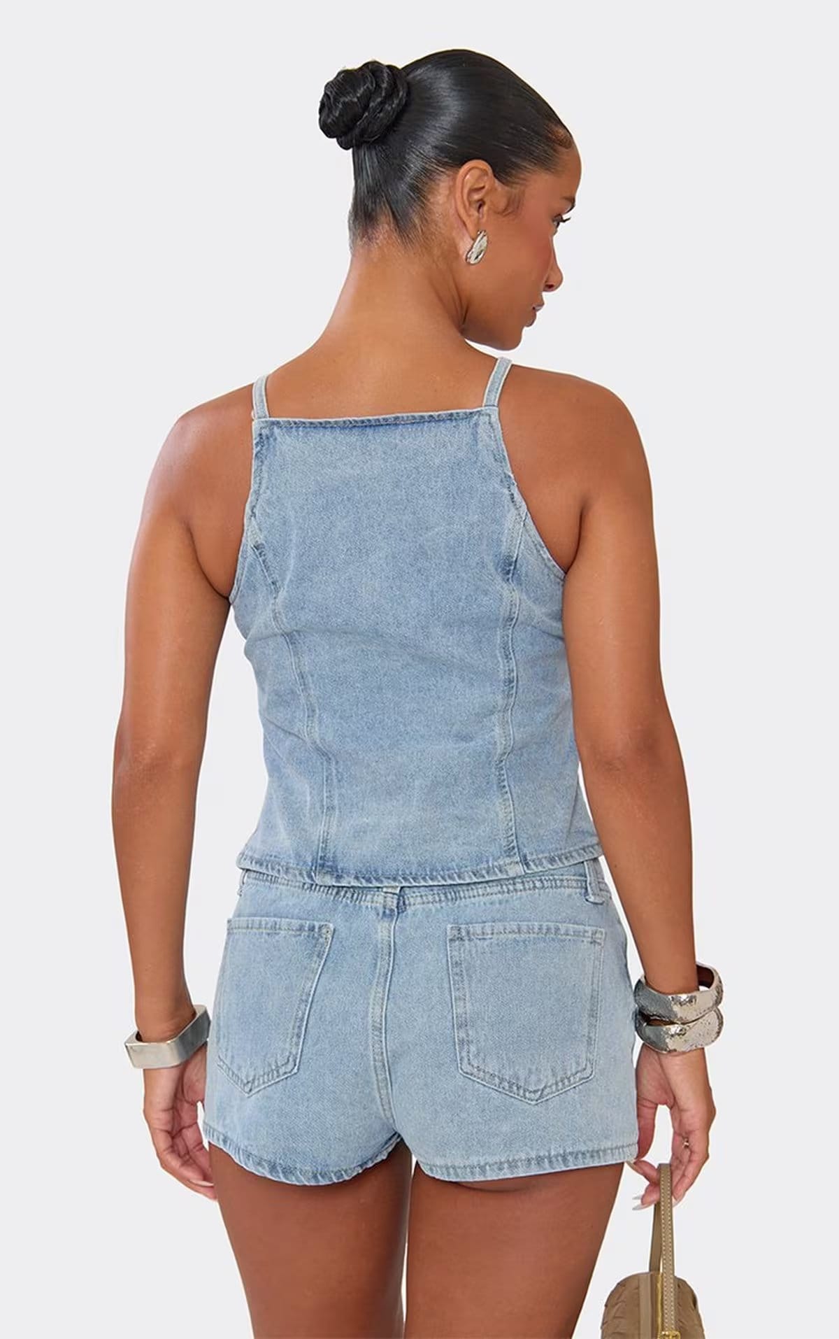 EGO Light Blue Denim Button-Up Front Split Hem Top