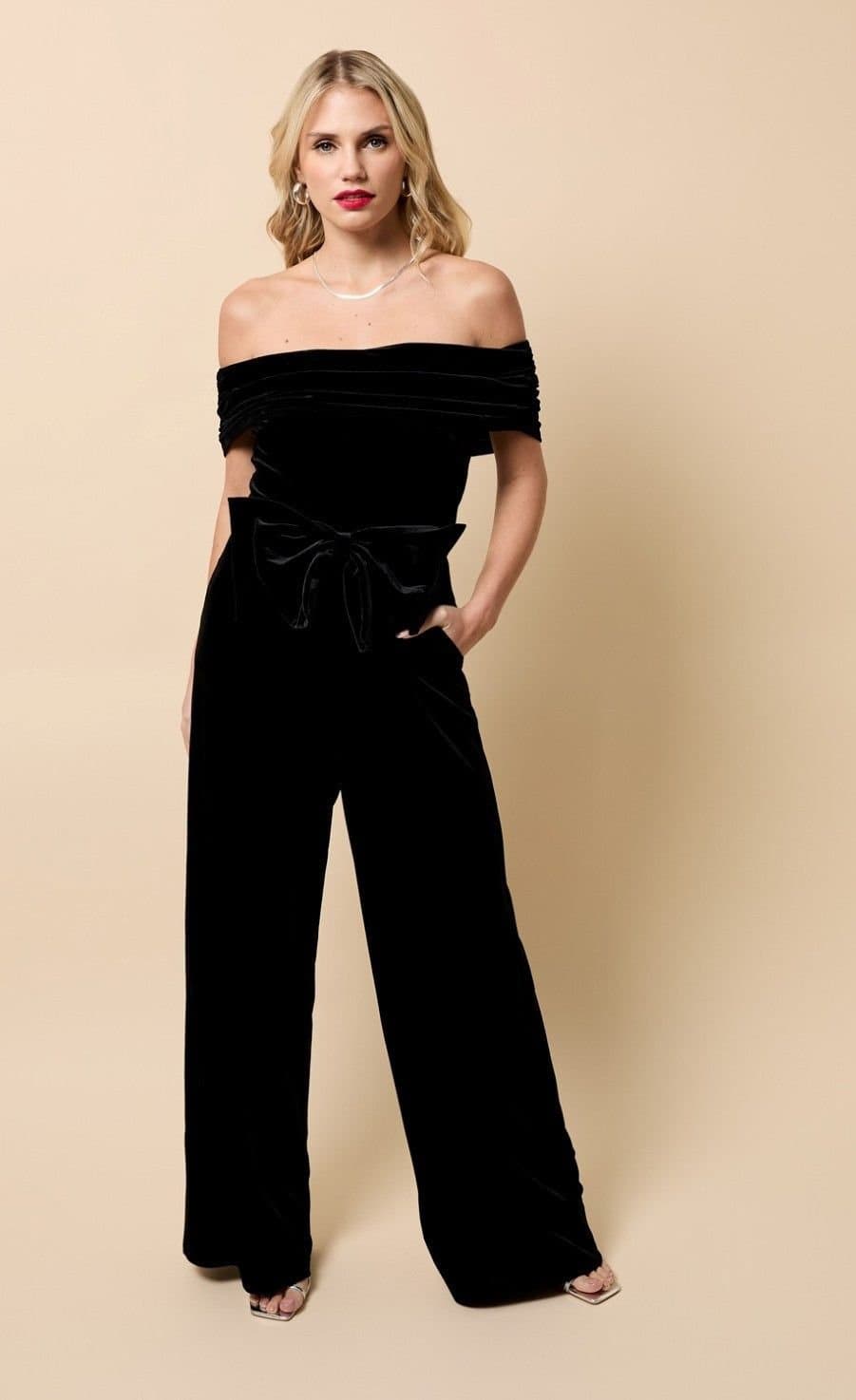 Little Mistress Little Mistress Women's Black Velvet Bow Detail Bardot Jumpsuit