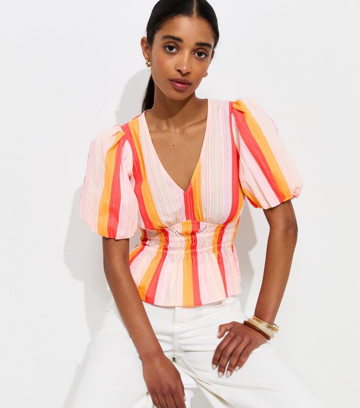 New Look Women's Multicolour Cotton Candy Stripe Shirred Waist Tea Blouse New Look