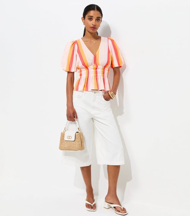 New Look Women's Multicolour Cotton Candy Stripe Shirred Waist Tea Blouse New Look - 2