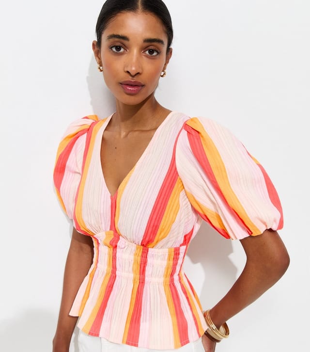 New Look Women's Multicolour Cotton Candy Stripe Shirred Waist Tea Blouse New Look - 3