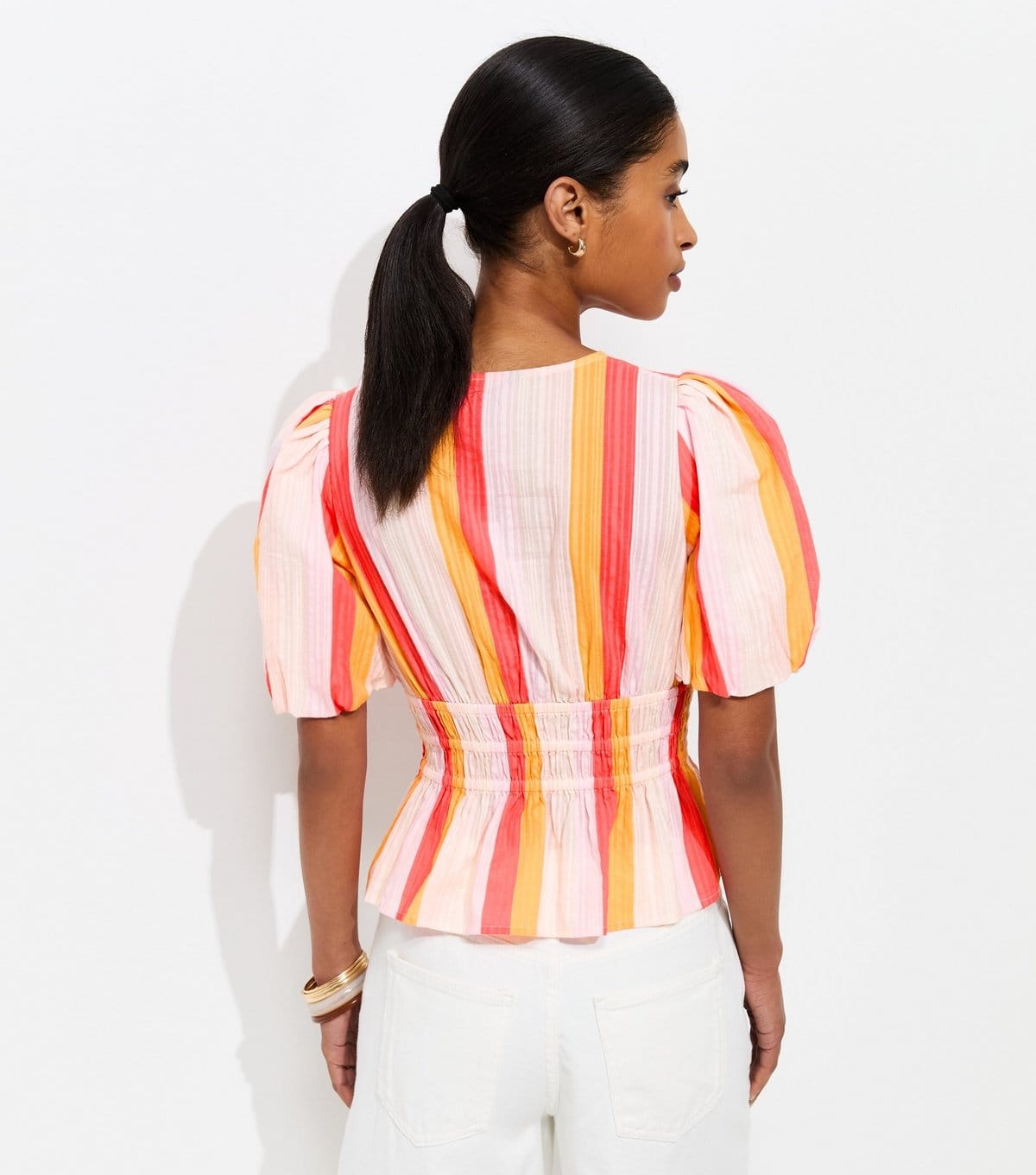 New Look Women's Multicolour Cotton Candy Stripe Shirred Waist Tea Blouse New Look - 4