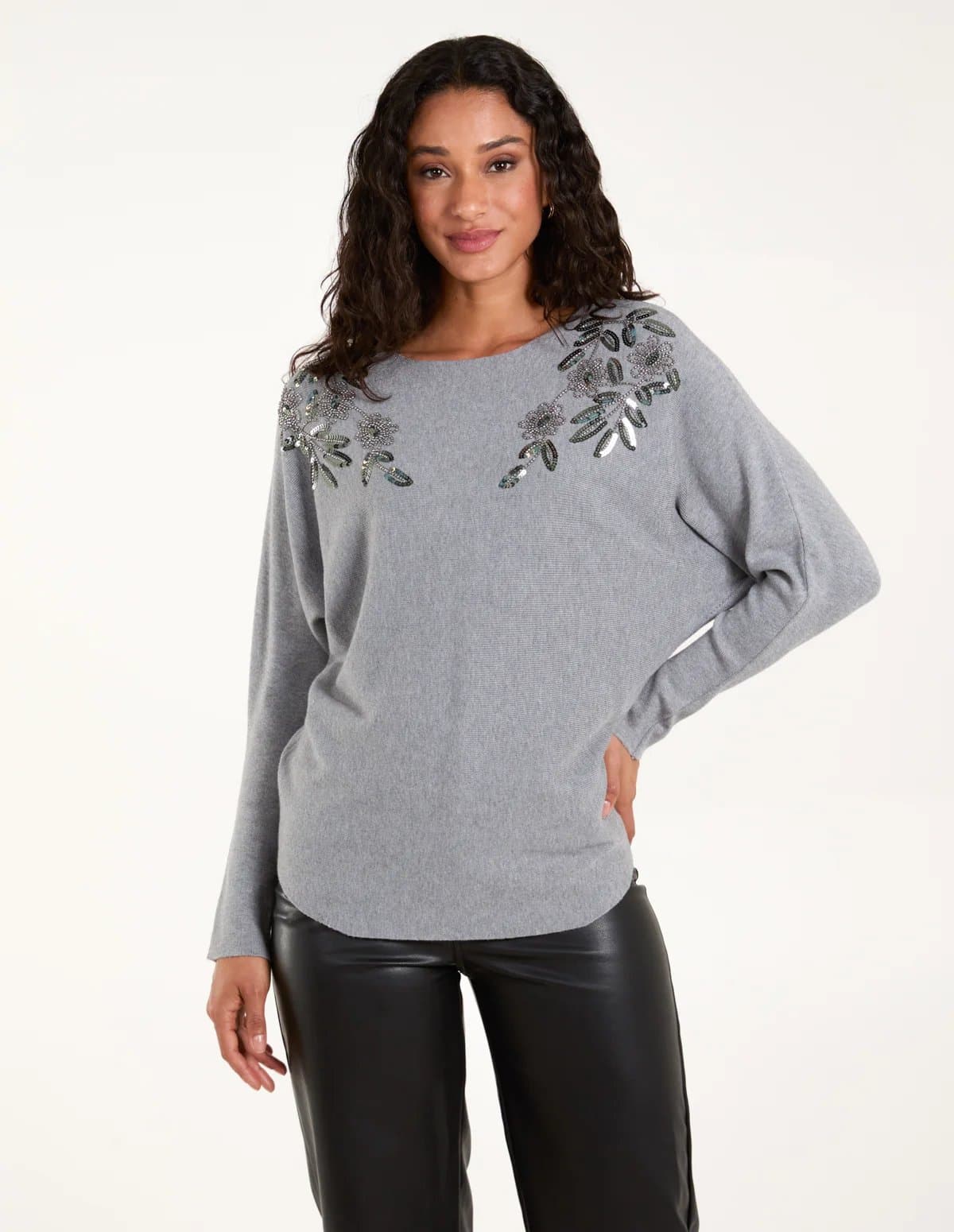 Blue Vanilla Sequin Flower Detail Batwing Jumper
