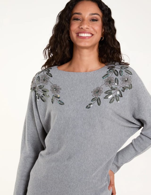 Blue Vanilla Sequin Flower Detail Batwing Jumper - 2